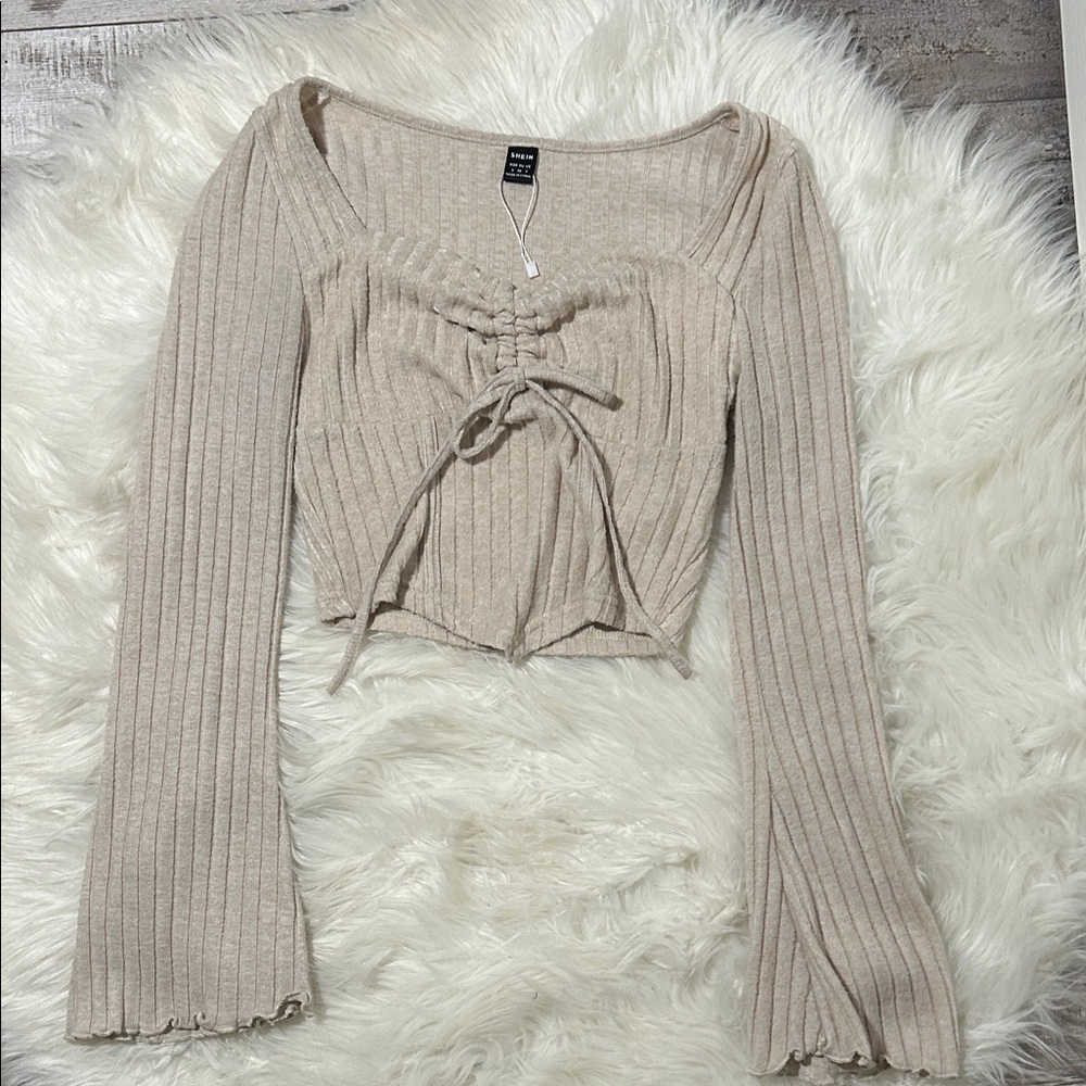 SHEIN Cream Ribbed Crop Top with Tie Front